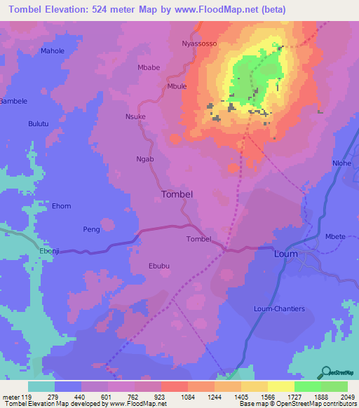Tombel,Cameroon Elevation Map