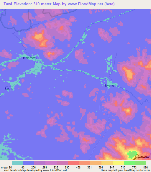Tawi,Cameroon Elevation Map