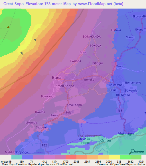 Great Sopo,Cameroon Elevation Map