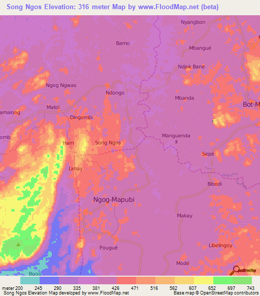 Song Ngos,Cameroon Elevation Map
