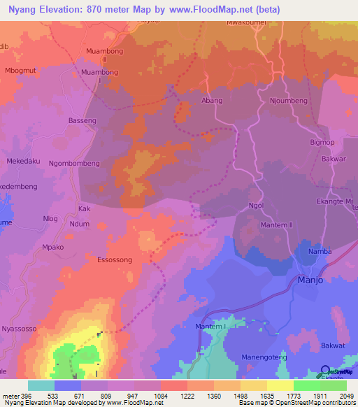 Nyang,Cameroon Elevation Map