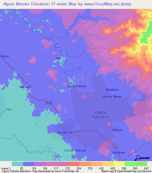 Ngolo Metoko,Cameroon Elevation Map