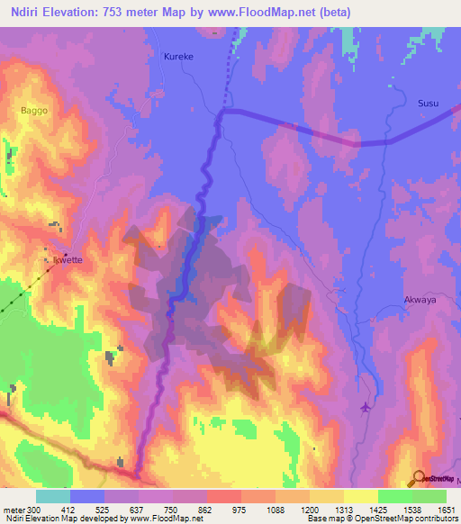 Ndiri,Cameroon Elevation Map