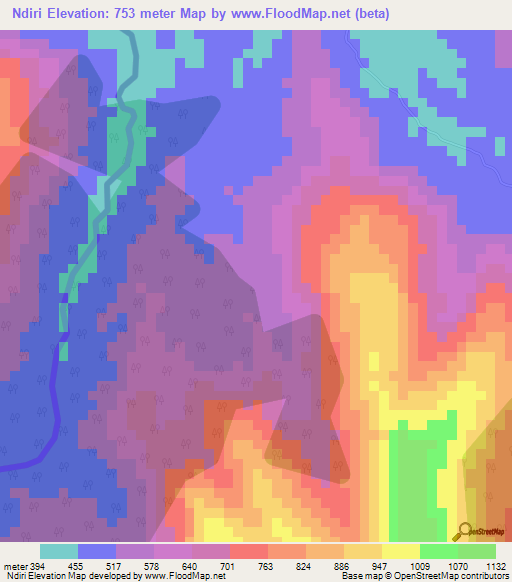 Ndiri,Cameroon Elevation Map