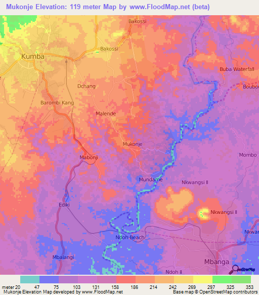 Mukonje,Cameroon Elevation Map