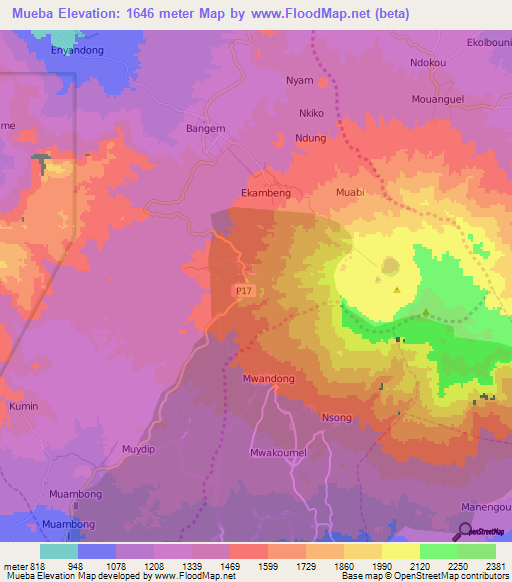 Mueba,Cameroon Elevation Map