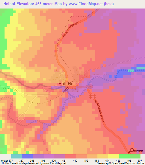 Holhol,Djibouti Elevation Map