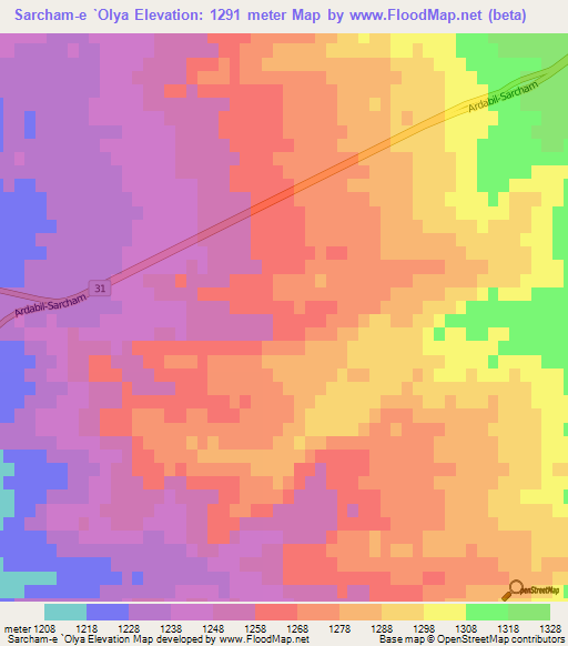 Sarcham-e `Olya,Iran Elevation Map
