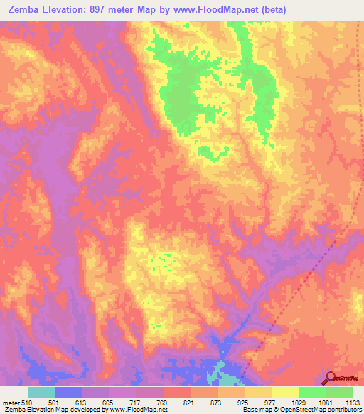 Zemba,Angola Elevation Map