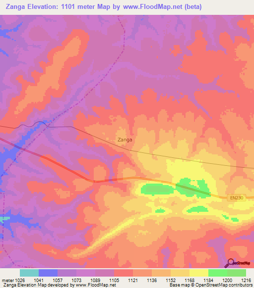 Zanga,Angola Elevation Map