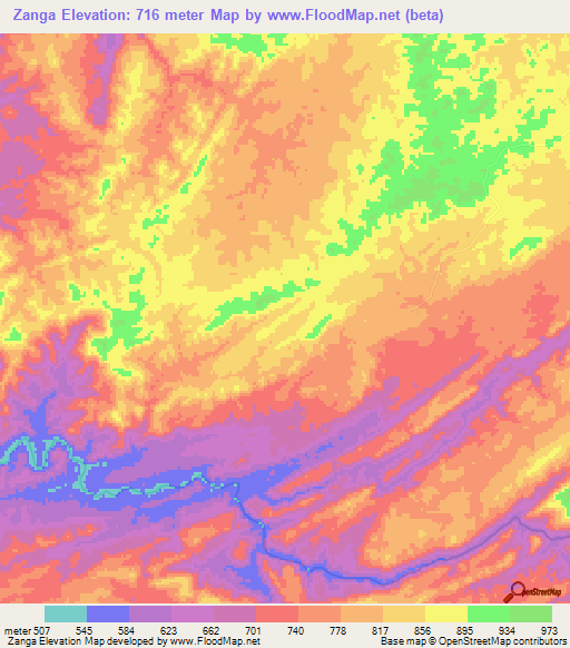 Zanga,Angola Elevation Map