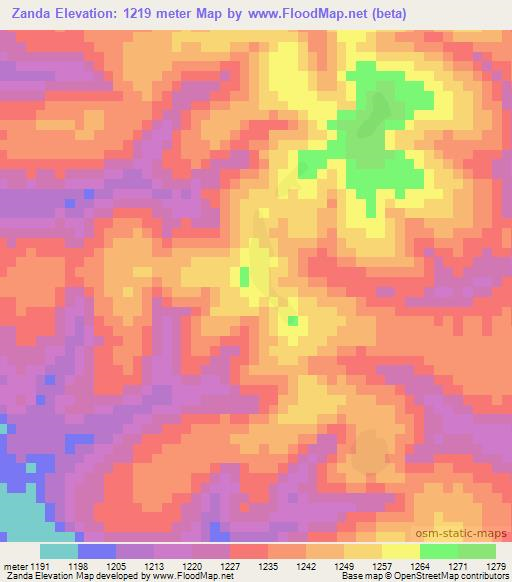 Zanda,Angola Elevation Map