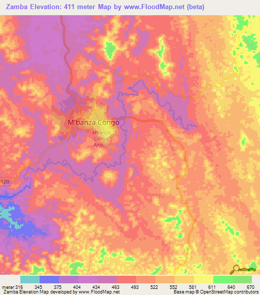 Zamba,Angola Elevation Map