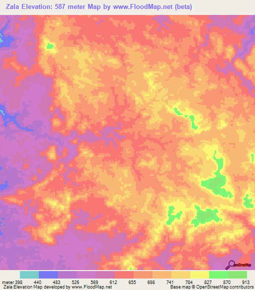 Zala,Angola Elevation Map