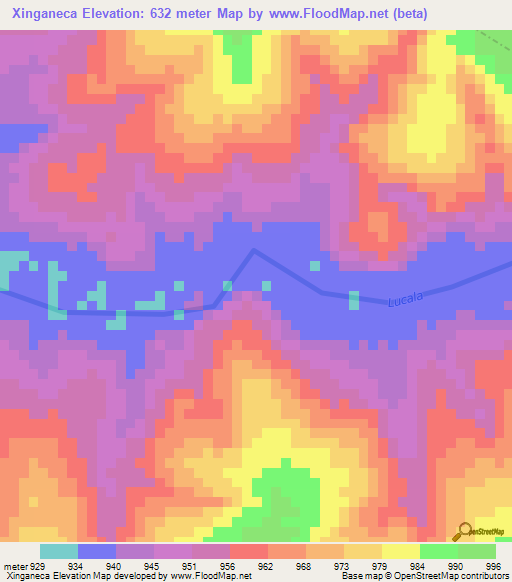 Xinganeca,Angola Elevation Map