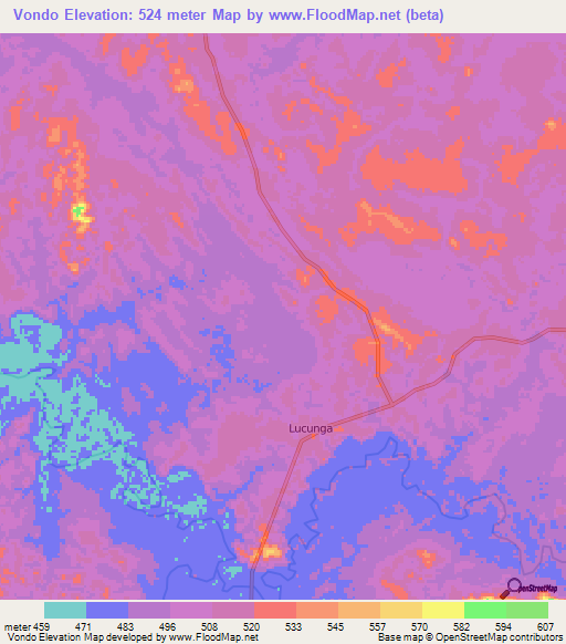 Vondo,Angola Elevation Map