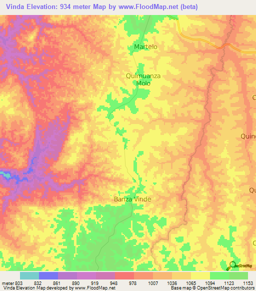 Vinda,Angola Elevation Map