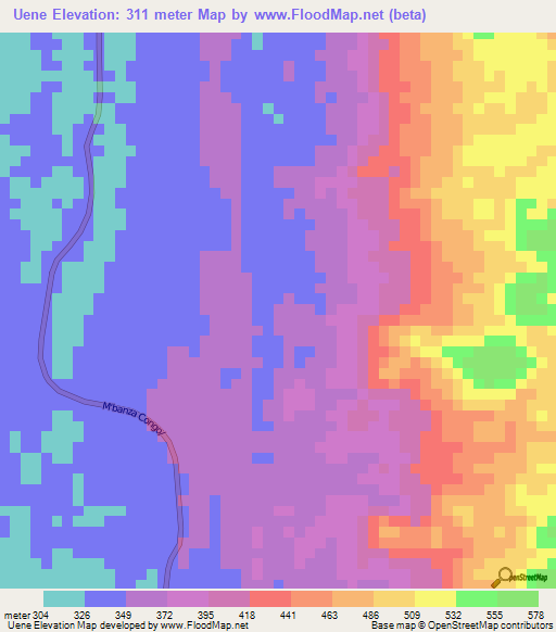Uene,Angola Elevation Map