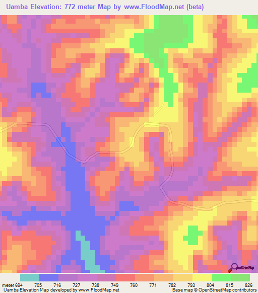 Uamba,Angola Elevation Map