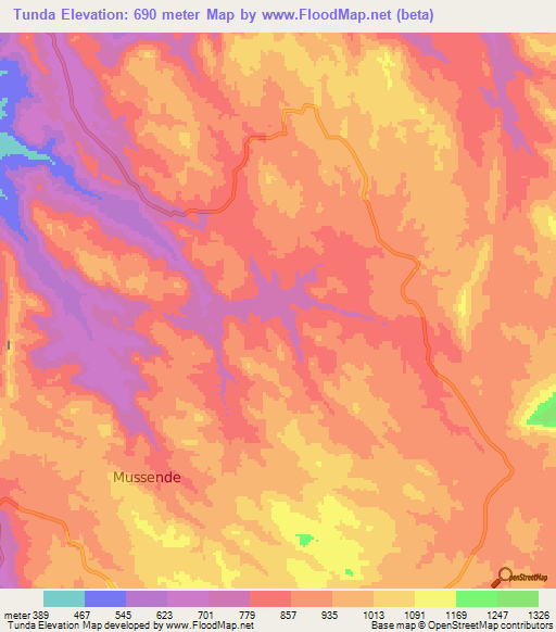 Tunda,Angola Elevation Map