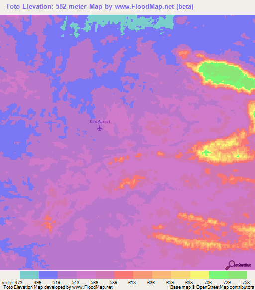 Toto,Angola Elevation Map