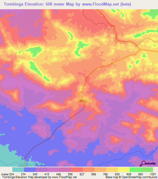 Tombinga,Angola Elevation Map