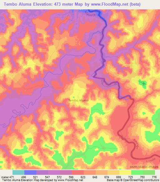 Tembo Aluma,Angola Elevation Map