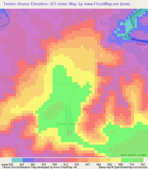 Tembo Aluma,Angola Elevation Map