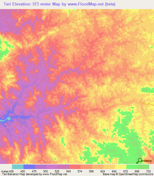 Tari,Angola Elevation Map