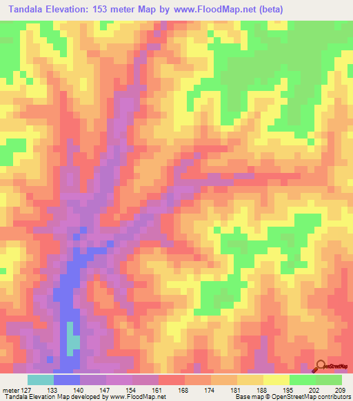 Tandala,Angola Elevation Map