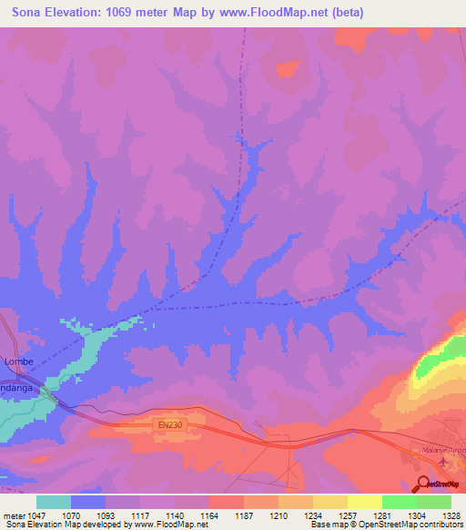 Sona,Angola Elevation Map