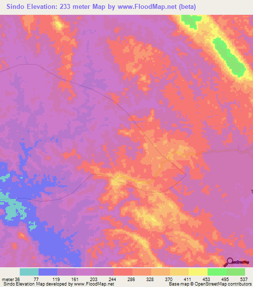 Sindo,Angola Elevation Map