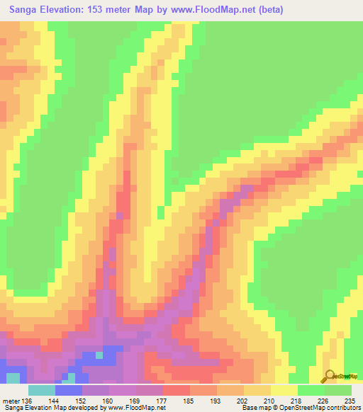 Sanga,Angola Elevation Map