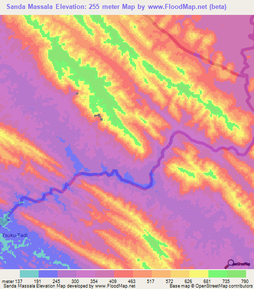 Sanda Massala,Angola Elevation Map