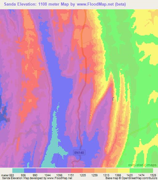 Sanda,Angola Elevation Map
