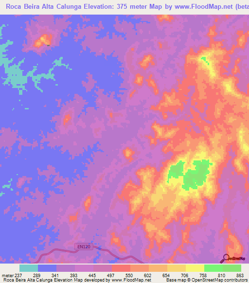 Roca Beira Alta Calunga,Angola Elevation Map