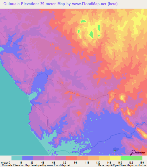 Quinuala,Angola Elevation Map