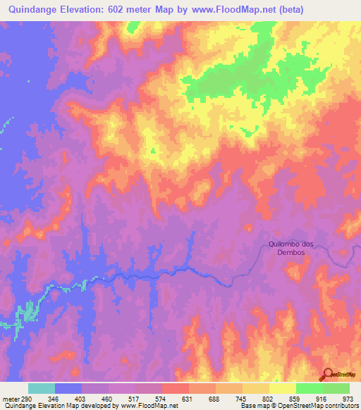 Quindange,Angola Elevation Map