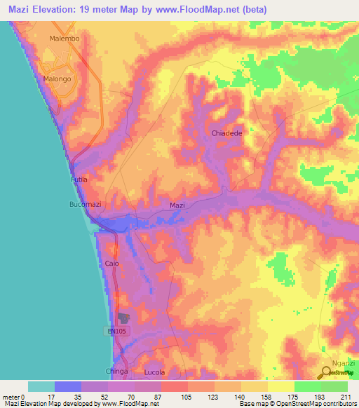 Mazi,Angola Elevation Map