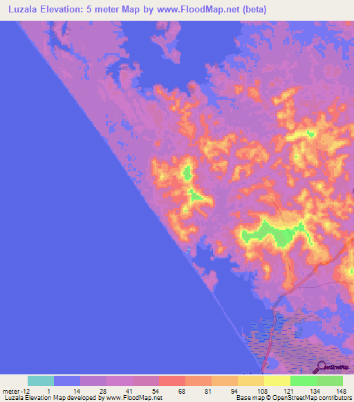 Luzala,Angola Elevation Map