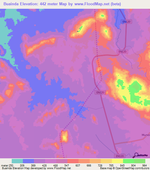 Buainda,Angola Elevation Map