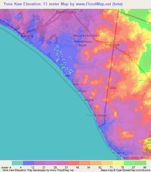 Yene Kaw,Senegal Elevation Map