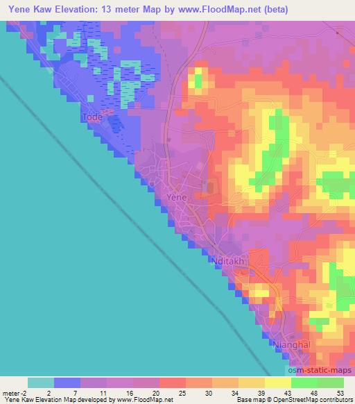 Yene Kaw,Senegal Elevation Map