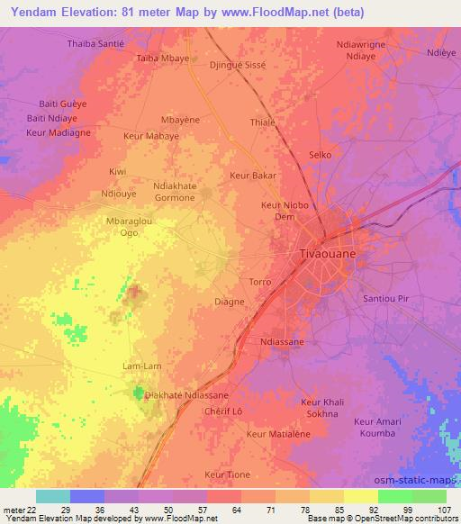 Yendam,Senegal Elevation Map