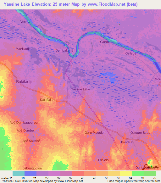 Yassine Lake,Senegal Elevation Map