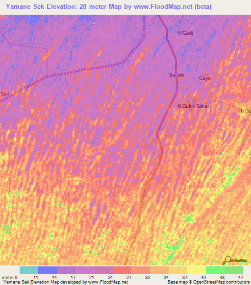 Yamane Sek,Senegal Elevation Map