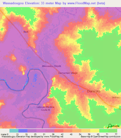 Wassadougou,Senegal Elevation Map