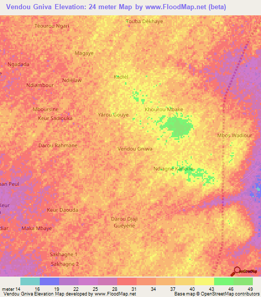 Vendou Gniva,Senegal Elevation Map