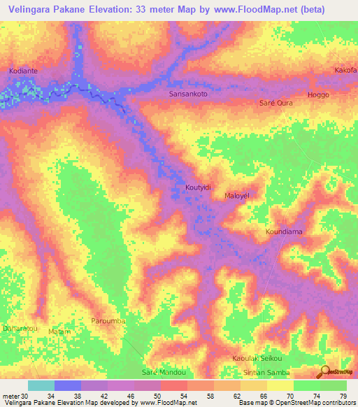 Velingara Pakane,Senegal Elevation Map
