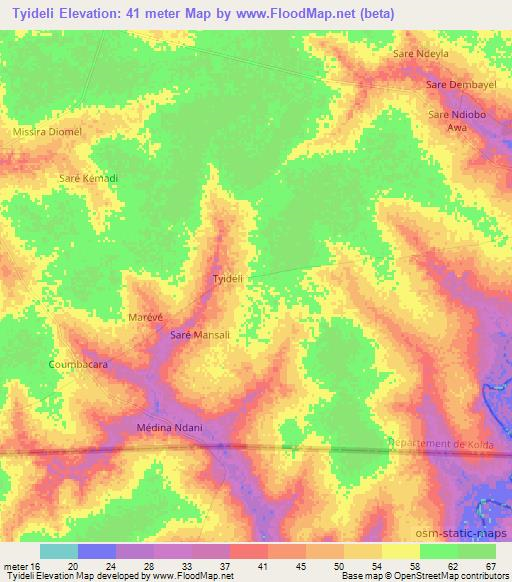 Tyideli,Senegal Elevation Map